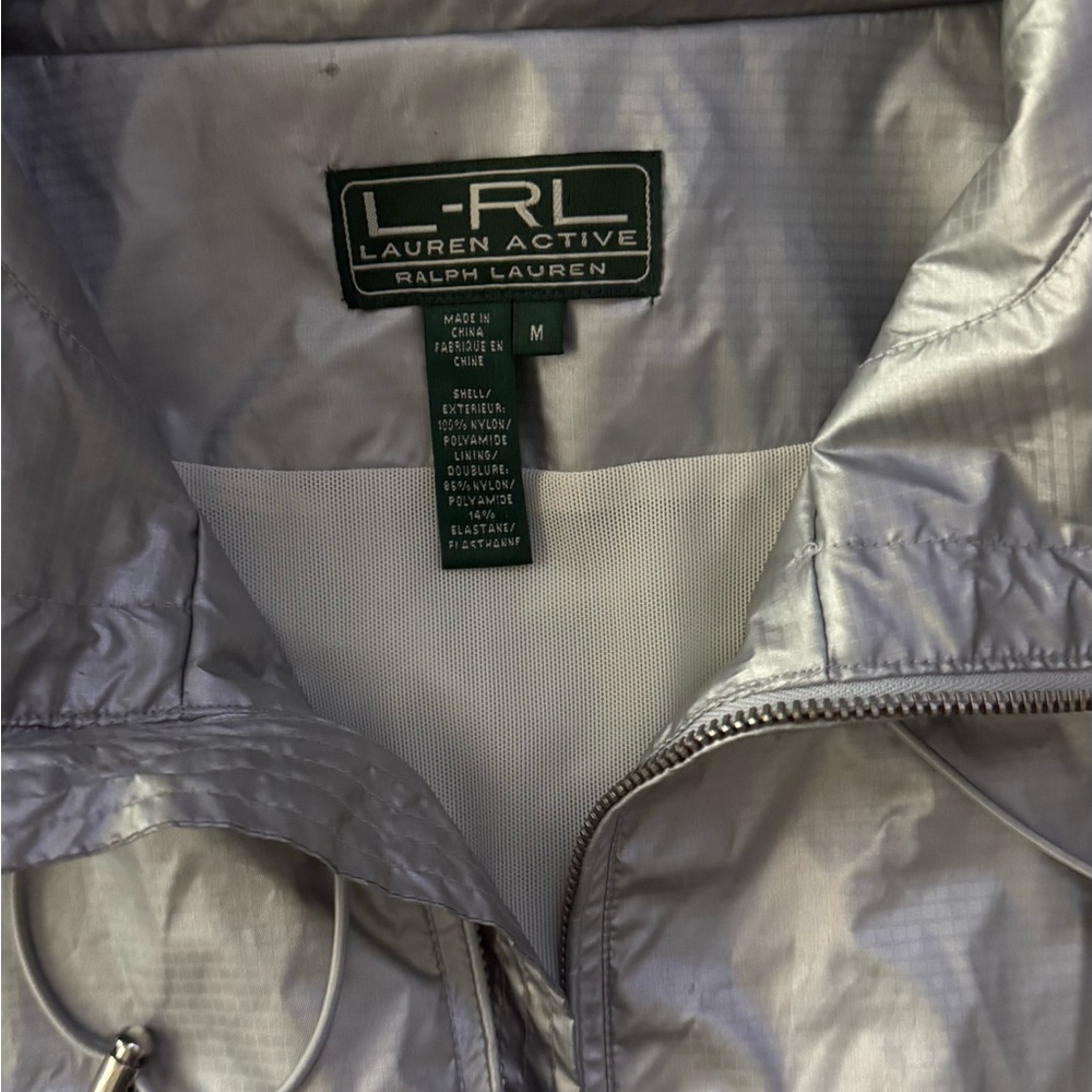 Ralph Lauren Women M Silver Foil Metallic Hooded Jacket Windbreaker Lightweight - Picture 3 of 8
